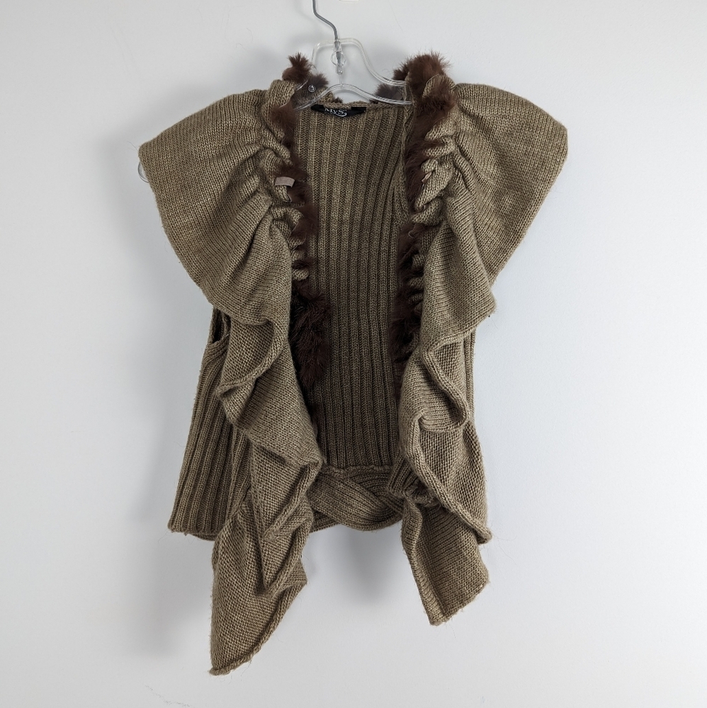 MYS Collection Women's Size XS Taupe Knit Cardigan with Faux Fur Trim